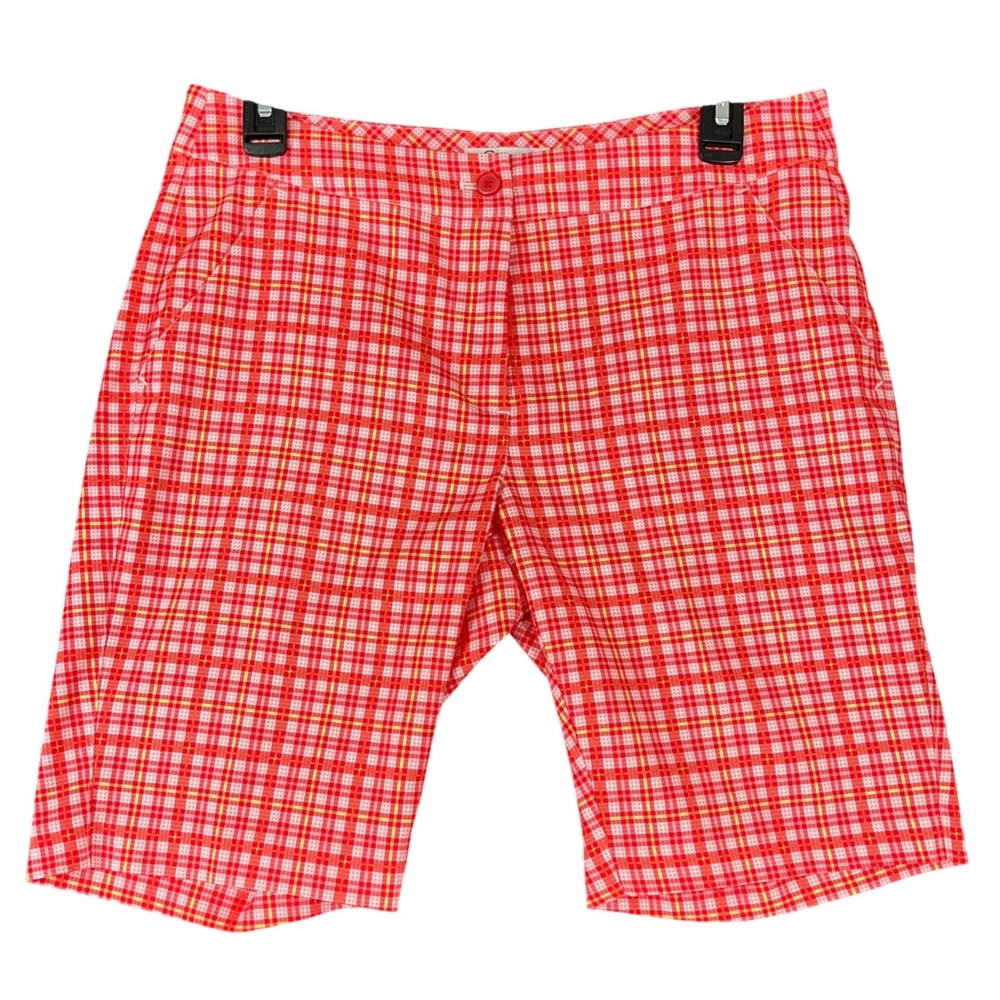 Greg Norman Plaid Golf Shorts Women 4 Flat‎ Front Pockets Button Closure